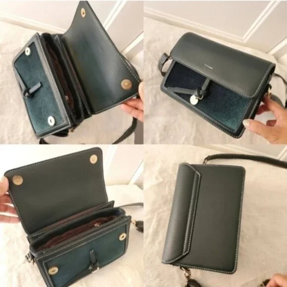 Structured Green Crossbody Shoulder Bag Gold Hardware Vegan Leather - Picture 5 of 6